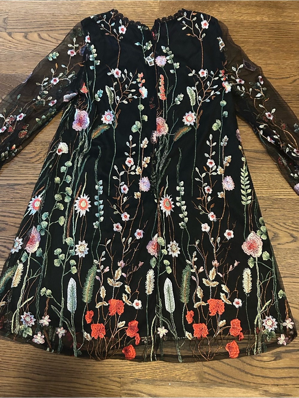 Embroidered Black shear Mini Dress with Floral embroidery and bell sleeves 0192 - Picture 10 of 12